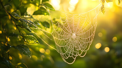 A spider web is shown in a green leafy area