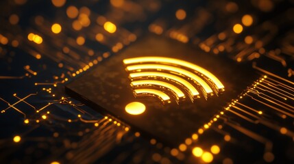 Poster - Golden glowing wifi symbol on microchip circuit board with digital connections in dark background. Futuristic technology and communication concept