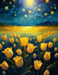 Wall Mural - Tulip Flowers Field against the night sky in painting style image, part 45