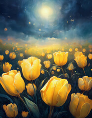 Wall Mural - Tulip Flowers Field against the night sky in painting style image, part 43