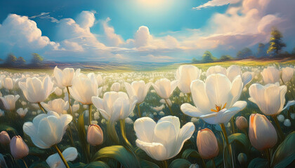 Wall Mural - Tulip Flowers Field against the sky in painting style image, part 23