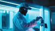 © Ari - A futuristic lab scene featuring a scientist meticulously interacting with a robotic arm under vibrant blue lighting. The image showcases advanced technology and innovative research.