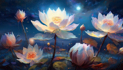Wall Mural - Tulip Flowers Field against the night sky in painting style image, part 31