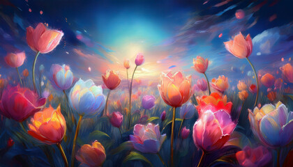 Wall Mural - Tulip Flowers Field against the night sky in painting style image, part 23
