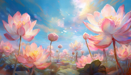Wall Mural -  Flowers Field against the sky in painting style image, part 3