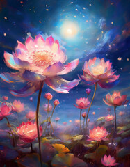 Wall Mural -  Flowers Field against the night sky in painting style image, part 3
