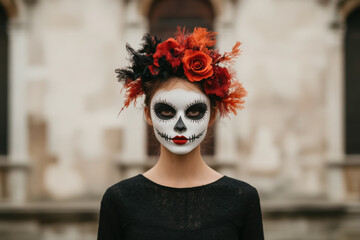 A woman with a skull and rose headdress