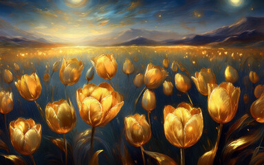 Wall Mural - Tulip Flowers Field against the night sky in painting style image, part 4