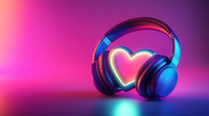 Aufkleber - Glowing heart with headphones in vibrant neon colors, expressing love for music in a futuristic setting. Music and passion concept