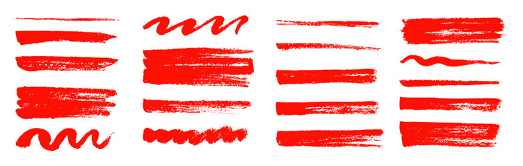 Aufkleber - Brush texture red stroke underline highlight. Marker red pen highlight stroke. Vector hand drawn brush underline element set for accent, crayon texture emphasis effect. Chalk vector illustration