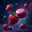 © SandaRina - Red macarons with strawberries and blueberries floating against a starry background, dreamy dessert concept