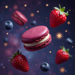 © SandaRina - Red macarons with strawberries and blueberries floating against a starry background, dreamy dessert concept
