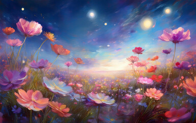 Wall Mural - Flowers Field against the sky in painting style image, part 3