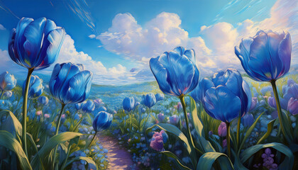 Wall Mural - Tulip Flowers Field against the sky in painting style image, part 1