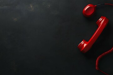 Old red telephone handset on black background