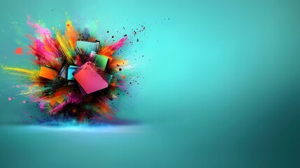Wall Mural - Colorful Explosion of Geometric Shapes with Artistic Splashes