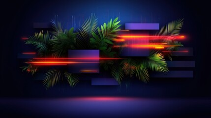 Wall Mural - Neon Abstract Background with Tropical Leaves and Geometric Shapes
