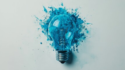 Poster - Blue paint splattered light bulb on white background, creative energy and innovation concept