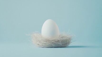 Poster - White egg on a delicate straw nest on a light blue background, minimalistic and serene. Simplicity and nature concept