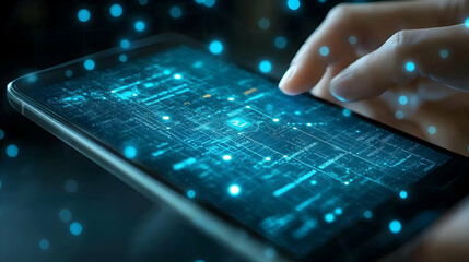 Futuristic technology interface on a mobile device, abstract digital world