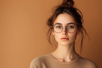 Poster - Beautiful Young Woman Wearing Round Glasses Poses For The Camera