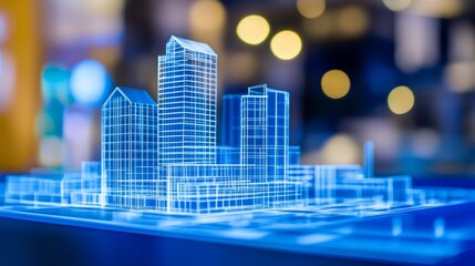 Futuristic city model showcasing skyscrapers with vibrant blue neon light and blurred background