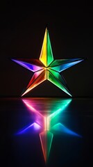 Poster - Illuminated rainbow-colored glass star with reflection on dark background. Vibrant modern art installation concept