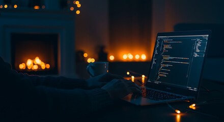 Programmer working on their professional development types on a laptop computer keyboard. Coding Language User Interface on Screens. Development of software and coding, ChatGPT AI and webdesign 