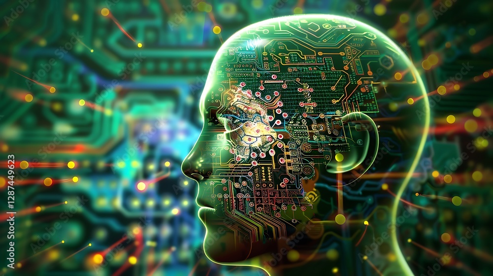 Abstract Human Head with Digital Circuitry Representing Artificial Intelligence Concept