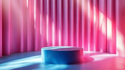 Poster - Circular blue platform in vibrant pink room with shadows, abstract minimal interior design. Modern art and creative space concept