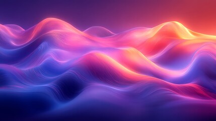 Poster - Colorful abstract digital waves in vibrant pink and blue tones, glowing with warm light. Futuristic landscape and creative art concept