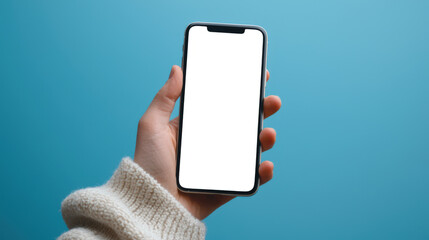 A man is holding a cell phone with a white screen on a blue background, close-up. A mockup of a modern phone. Demonstration of the mobile app