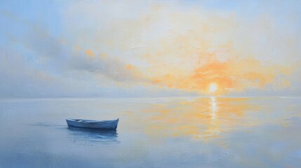 Poster - Sunrise over a calm ocean with a boat in the distance, warm yellow and blue tones