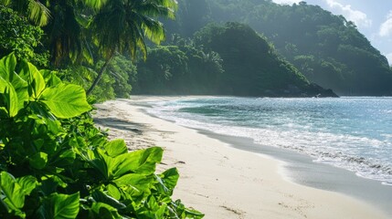 Tropical beach scene with lush greenery and sandy shore