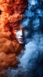 © wanna - captivating portrait of person surrounded by vibrant orange and blue smoke, creating dramatic