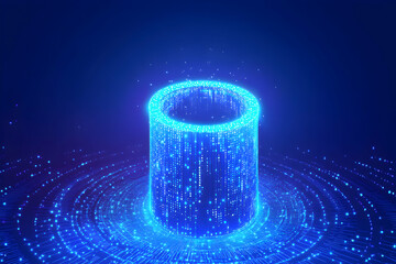 Abstract glowing blue digital cylinder, futuristic technology concept. Perfect for tech, AI, data, and network themes.