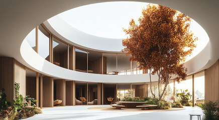 Poster - Modern architectural design featuring spacious interior with natural light, greenery, and central tree