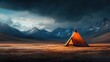© Chromiq - Stunning Wilderness Landscape with Colorful Tent against Majestic Mountains and Dramatic Sky