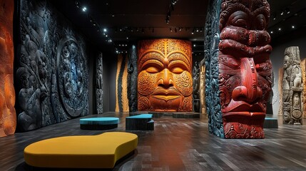 Wall Mural - A vibrant art gallery featuring intricate wall carvings and sculptures, with colorful seating that enhances the space's cultural ambiance.