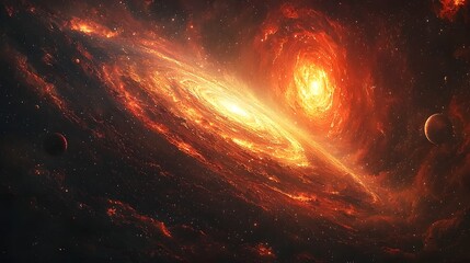 radiant cosmic explosion swirling space galaxy with glowing planets and fiery red sun