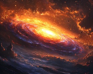 Wall Mural - glowing majestic galaxy scene with swirling stars and orbiting planets