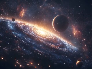 Wall Mural - breathtaking cosmic background of swirling stars and radiant planets with glowing light beams