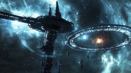 A futuristic space station harnesses the power of a nebula, glowing rings pulsing with radiant energy