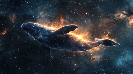 Wall Mural - A celestial whale made of nebula gas glides through space, its glowing body trailing interstellar dust