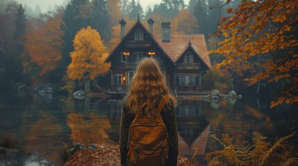 woman at home in autumn forest