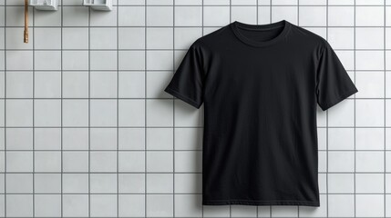 Black t-shirt displayed against a tiled wall, showcasing minimalist design for fashion use