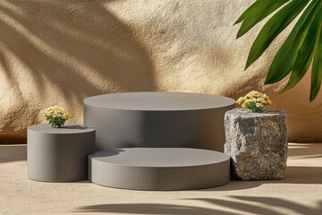 Wall Mural - Gray Cylindrical Display Stands with Stone and Flowers