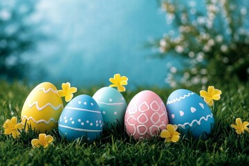 Wall Mural - Colorful Easter Eggs in Grassy Meadow