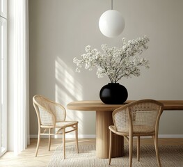 Wall Mural - Modern Dining Room with Wooden Table and Rattan Chairs