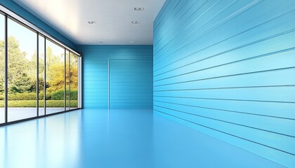 Wall Mural - Modern Empty Blue Room with Large Windows